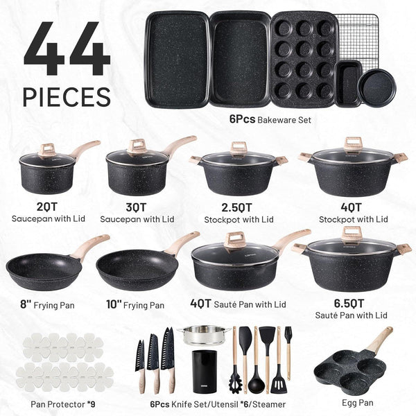 44Pcs Nonstick Cookware Sets, Pots and Pans Set with Bakeware | Kitchen Knife Set Included, Lightweight Die-Cast Aluminum, Fast & Even Heating, All-Stovetop Compatible2