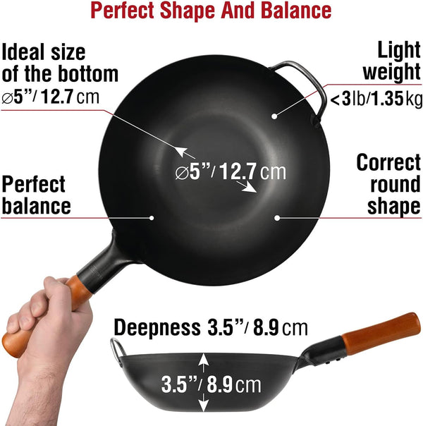 Carbon Steel 11.8" Stir Fry Wok Pan - Pre-Seasoned Chinese Wok with Flat Bottom, Black Wok for Induction Gas Stovetops + 17" Wok Spatula and Ladle and Turner Spatula - Stainless Stee2