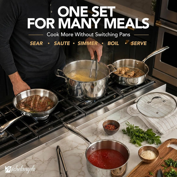 5-Ply Stainless Steel Cookware Set, 23-Piece Pots and Pans Set | Fully Clad Construction, Premium Heavy-Duty Build, Better Browning, No Coating, Oven Safe, Induction Ready6