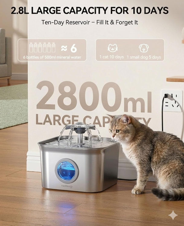 Stainless Steel Cat Water Fountain, 2.8L with 20Db Ultra-Quiet Pump- Ideal for Timid Pets, LED Water Level Window, Dishwasher Safe, 24/7 Circulation- Includes 3 Replacement Filters7