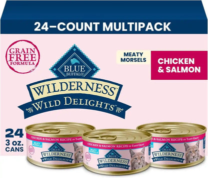 Blue Buffalo Wilderness Wild Delights High Protein Grain Free, Natural Adult Meaty Morsels Wet Cat Food, Chicken & Turkey, Chicken & Trout, Chicken & Salmon 3-Oz Cans (12 Count - 4 of Each Flavor)10