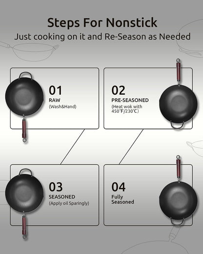 Wok Pan, Carbon Steel Wok, Woks & Stir-Fry Pans Nonstick, 13 Inch Wok Pan with Wooden Lid, Pre-Seasoned Carbon Steel Cookware, 5.8QT Flat Bottom Chinese Wok Pan, Compatible with All Cooktops3