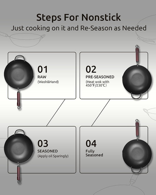 Wok Pan, Carbon Steel Wok, Woks & Stir-Fry Pans Nonstick, 13 Inch Wok Pan with Wooden Lid, Pre-Seasoned Carbon Steel Cookware, 5.8QT Flat Bottom Chinese Wok Pan, Compatible with All Cooktops3