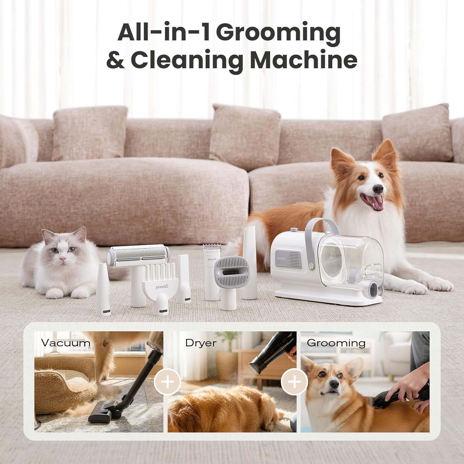 pecute-7-in-1-dog-grooming-vacuum-dryer-for-heavy-shedding-10000pa-suction-adj-suction-temp-home-salon-use-55db-low-noise-1-7l-dust-cup-reduces-flying-hair-easy-cleanup