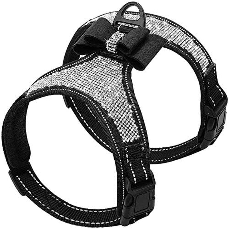 beirui-rhinestone-dog-harness-with-sparkly-bow-tie-black-s-chest-11-14-reflective-bling-nylon-soft-fleece-padded-for-small-large-dogs-walking-party-wedding