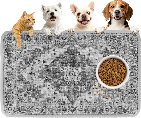PUPTECK Dog Food Mat, Absorbent Pet Feeding Bowl Mat, Non-Slip Dog Mat for Food and Water, Quick Dry No Stains Cat Placemats Pet Supplies for Messy Drinkers, Grey 12"X20"1