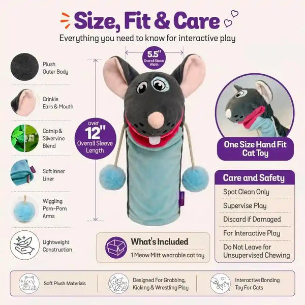 Pounce & Purr Meow Mitt Wearable Cat Wrestling Glove Puppet - Mouse | Catnip & Silvervine Plush Hand Puppet, Crinkle Sounds & Wiggling Arms - Dual-Layer Interactive Toy, Indoor Cats & Kitten7