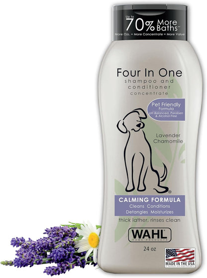 Wahl USA 4-In-1 Calming Dog Shampoo with Lavender Chamomile Scent – Cleans, Conditions, Detangles, & Moisturizes - Pet Friendly Formula - 24 Oz - Model 820000A1