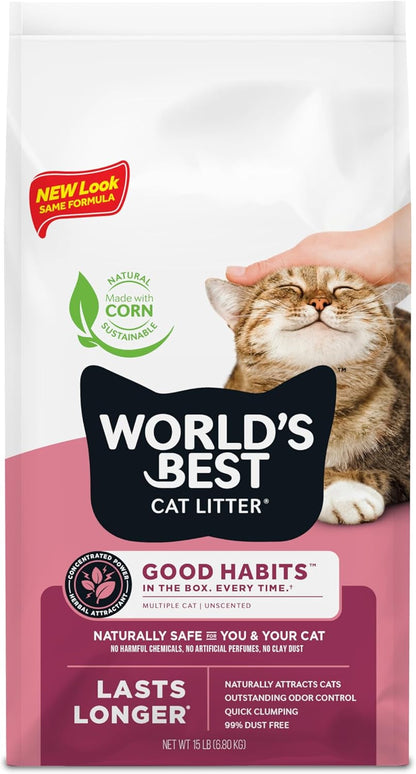World'S Best Cat Litter, Good Habits Cat Attract Litter, Unscented, 15 Lb | Attracts Cats and Kittens with Plant-Based Attractant; Natural Corn Litter, Quick Clumping, Flushable, 99% Dust Free Formula1