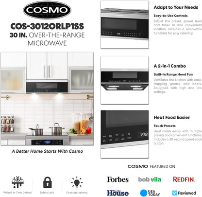 30 In. Stellar Coll 1.2 Cu Ft Slim over the Range Microwave Vent Fan, Black |  COS-3012ORLP1SS 1000W, Automatic Presets, Touch Controls, Sensor Cooking, LED Lighting, Defrost Functions4