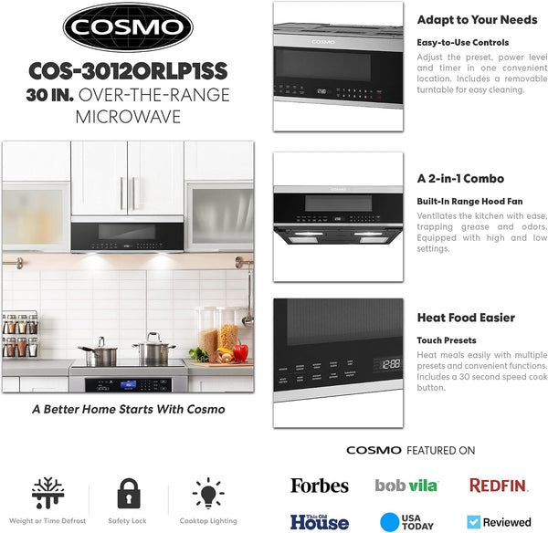 30 In. Stellar Coll 1.2 Cu Ft Slim over the Range Microwave Vent Fan, Black |  COS-3012ORLP1SS 1000W, Automatic Presets, Touch Controls, Sensor Cooking, LED Lighting, Defrost Functions4