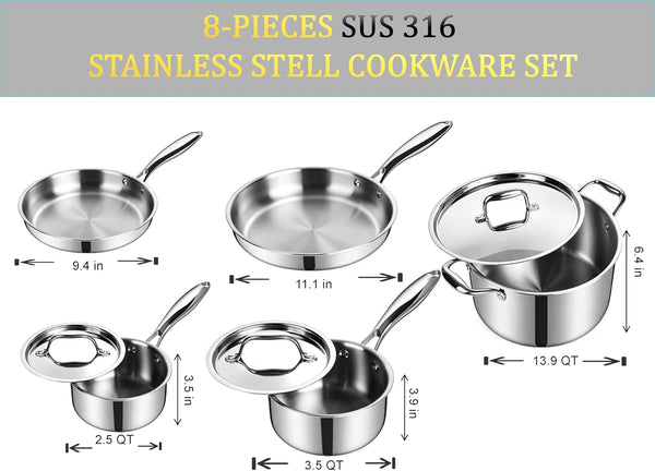 5 Ply Stainless Steel Cookware Set,8-Piece,Professional Kitchen Cooking, Heavy Chef Quality,Pfoa, PTFE & PFOS Free,Induction, Non-Toxic, Oven Safe,Best 18/8 Full Clad2