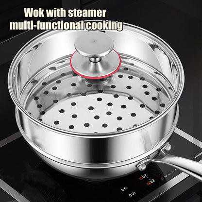5 Ply Clad Stainless Steel Wok Pan with Lid/Steamer, No Coating Non-Stick Flat Bottom Wok, Even Heating Frying Pans, Compatible with All Cooktops,No Lid,9.45In7