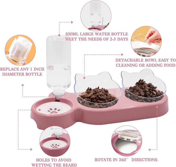 Triple Cat Bowls,15°Tilt 3-In-1 Water Feeder Bowls Cat Double Food Bowls with Automatic Water Bottle Bowl, Whisker Friendly Wet and Dry Cat Elevated Feeding Dishes for Small Cat and Puppy (Pink)3