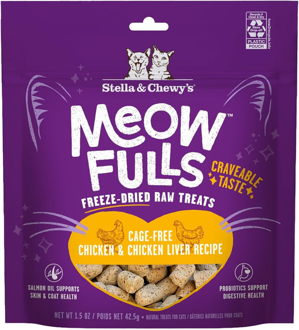 Stella & Chewy'S Meowfulls Freeze Dried Cat Treats - Chicken & Chicken Liver Recipe - Raw Protein with Probiotics & Salmon Oil - 1 Calorie per Treat - 1.5 Oz1