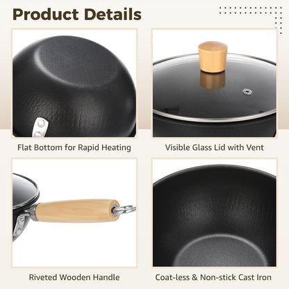 Small Wok with Lid, Mini Wok, 8" Non-Stick Mini Frying Pan, Compact, Coating-Less, Cast Iron Wok with Wooden Handle, Compatible with Induction, Gas, Ceramic Stove3