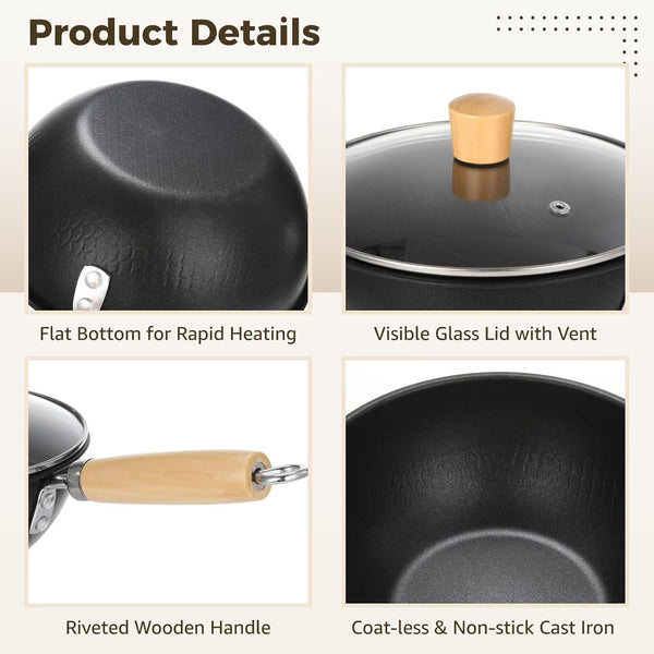 Small Wok with Lid, Mini Wok, 8" Non-Stick Mini Frying Pan, Compact, Coating-Less, Cast Iron Wok with Wooden Handle, Compatible with Induction, Gas, Ceramic Stove3