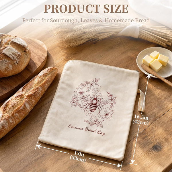 Beeswax Sourdough Bread Bags with Wide Zipper Access, 2 Pack XL 13" X 17" Reusable Linen Cotton Bread Bags for Homemade Bread, Helps Maintain Crust & Freshness (Double-Sided Print Design)2