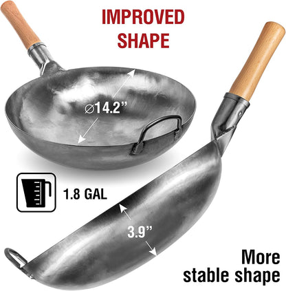 Non-Seasoned 14" Round-Bottom Carbon Steel Wok Pan with 17" Spatula and Ladle2