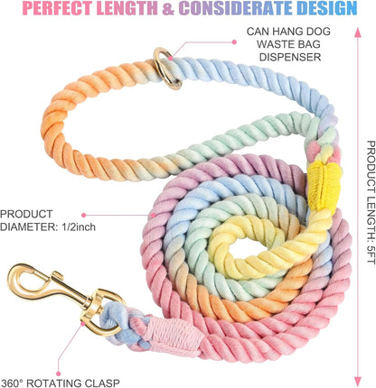 5 FT Handmade Rope Dog Leash for Small Medium and Large Dogs | Soft and Comfortable Grip, New Golden Heavy Duty Metal Clasp, Colorful Macaron2