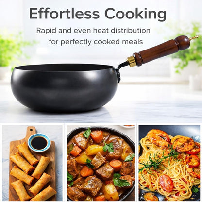 Japanese Cast Iron Wok with Wooden Lid & Spatula, 11 Inch Hand-Hammered Uncoated Iron Pot, Naturally Non-Stick Frying Pan, Heavy Duty Cookware for Induction, Gas & Electric Stoves (Glass Lid, 10.2In)4