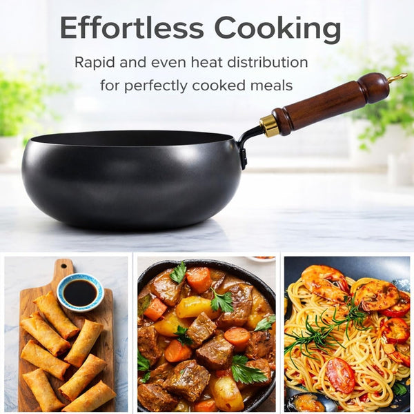 Japanese Cast Iron Wok with Wooden Lid & Spatula, 11 Inch Hand-Hammered Uncoated Iron Pot, Naturally Non-Stick Frying Pan, Heavy Duty Cookware for Induction, Gas & Electric Stoves (Glass Lid, 10.2In)4