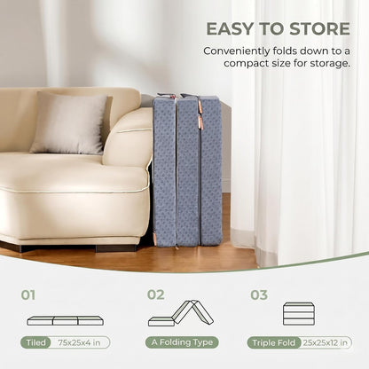 Single Tri-Folding Mattress Topper - 4 Inch Medium Firm Portable Foldable Mattress with Washable Cover & Non-Slip Base - Ideal for Camping, RV, and Guests,White5