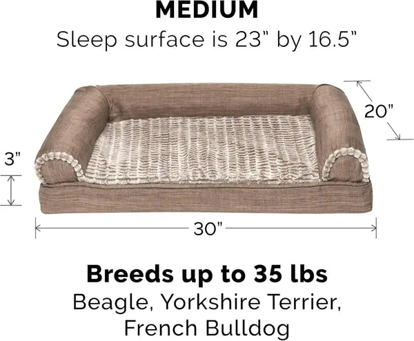 Furhaven Memory Foam Dog Bed for Medium/Small Dogs W/ Removable Bolsters & Washable Cover, for Dogs up to 35 Lbs - Luxe Faux Fur & Performance Linen Sofa - Woodsmoke, Medium2