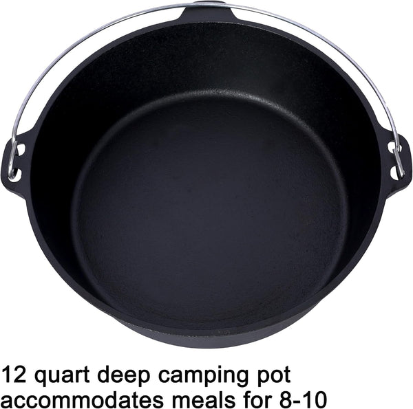 Cast Iron Camping Dutch Oven with Leg Base, 12 Quart Pre-Seasoned Dutch Oven Pot with Skillet Lid, Camp Cooking Pan Use on the Stove, on the Grill, Campfire & Stovetop Safe, with Lid Lifter (12 QT Base Leg)3