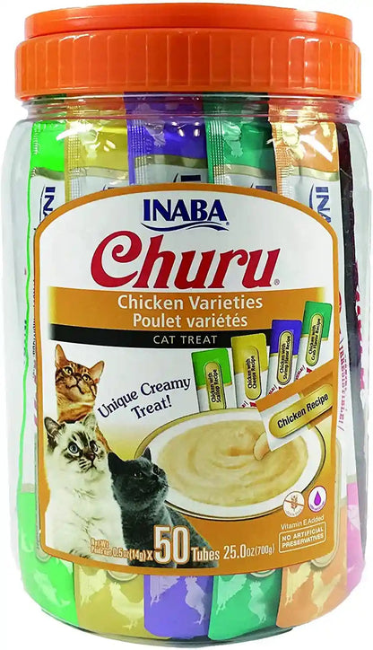 INABA Churu Cat Treats, Grain-Free, Lickable, Squeezable Creamy Purée Cat Treat/Topper with Vitamin E & Taurine, 0.5 Ounces Each Tube, 50 Tubes, Chicken Variety1