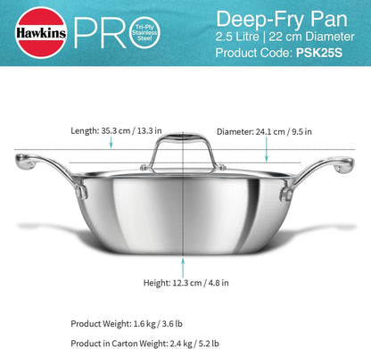 Pro 2.5 Litre Deep-Fry Pan, Triply Stainless Steel Kadhai with Stainless Steel Handles and Stainless Steel Lid, Silver (PSK25S)10
