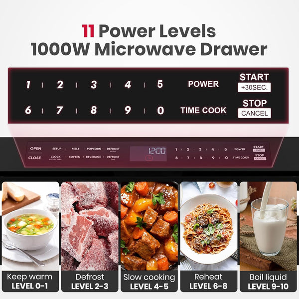 Microwave Drawer 24 Inch, 1.2 Cu.Ft, 1000W, One-Touch Auto Open | Built-In Installation, 11 Power Levels, Auto-Menus, Quiet Operation, Child Safety, Easy Clean Interior, Stainless Steel4
