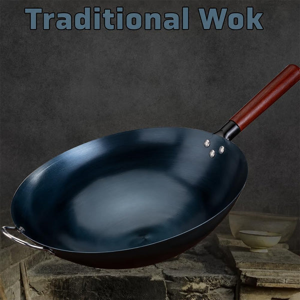 14" Blue Carbon Steel Wok Pan – Pre-Seasoned round Bottom Stir Fry Pan with Wooden Handle & Helper Handle – Chemical-Free Cookware for Gas, Electric & Induction5