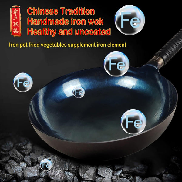 14-Inch Carbon Steel Wok, round Bottom Traditional Chinese Wok with Rubber Handle and Wooden Lid, Uncoated Non-Stick Wok for Gas Stoves, Home Cooking, Camping, and as a Gift4
