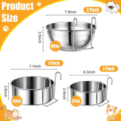 Zhehao 4 Pack Hanging Dog Water and Food Bowls for Kennel Cage, No Spill Dog Crate Water Bowl, Stainless Steel Bowls Dish for Dogs Crate Cage Accessories (35Oz & 50Oz & 65Oz)2