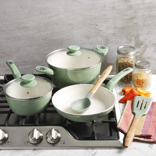 Plaza Café Forged Aluminum Healthy Pfa-Free Ceramic Pots and Pans Cookware Set, 7-Piece Set, Mint Green6