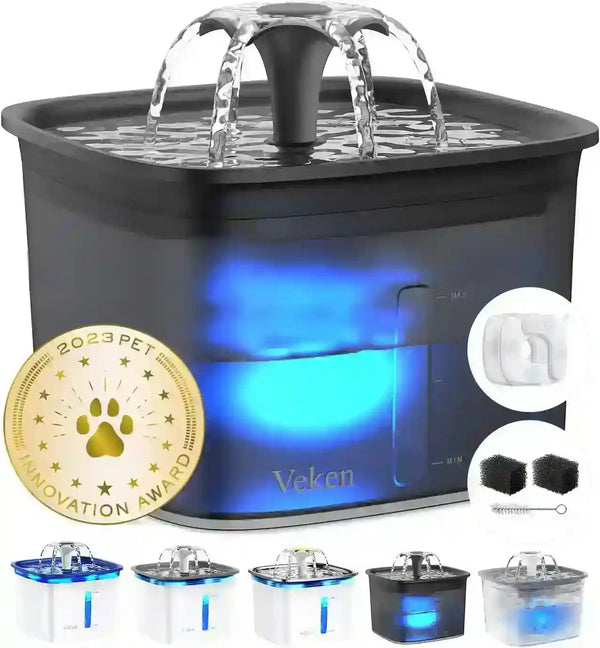 Veken pet water fountain with blue LED light, 2023 Pet Innovation Award winner, includes filters and brush8