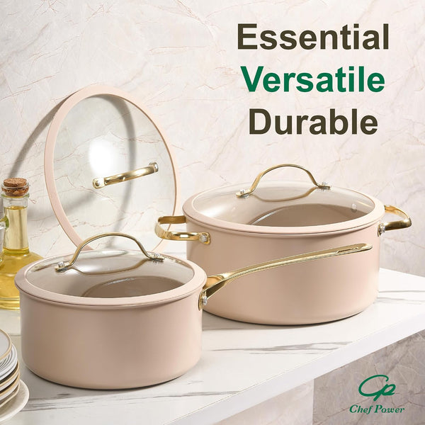 Ceramic Cookware Sets, 15Pcs Pots and Pans Set Non Stick, Cookware Set with Stainless Steel Handle, Dishwasher & Oven Safe, Taupe and Light Gold Handle7