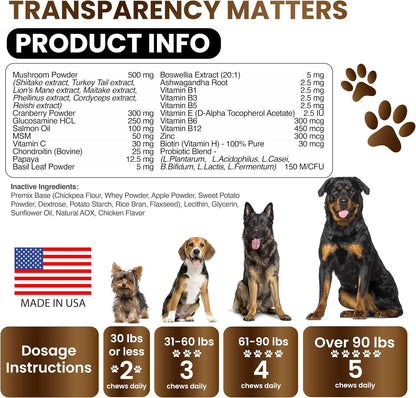 Turkey Tail Mushroom Supplement for Dogs - 170 Chews - Mushrooms for Dogs - Reishi, Lion’S Mane, Glucosamine Multivitamin - Immune Booster, Gut, Hip & Joint Health Support Vitamins, Energy & Skin6
