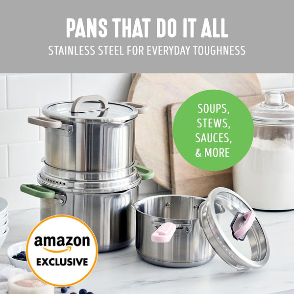 BK Twisting by  Stainless Steel 6 Piece Locking Lid Cookware Set, Built in Strainer, Induction Pots & Pans, Drip-Free Pour Spouts, Silicone Handles, Saucepan, Stock Pot, Dishwasher Safe2