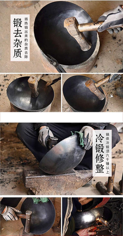Chinese 100% Hand Hammered Iron Woks Stir Fry Pans, Non-Stick, No Coating, Less Oil, 36CM, Black Seasoned Wooden Handle5