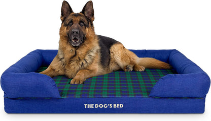The Dog’S Bed Orthopedic Memory Foam Dog Bed with Bolsters for Large Dogs, High Density Support Mattress, Low Front Entry, Removable Washable Cover, Oxford Fabric, Blue with Dark Red Trim, Large24
