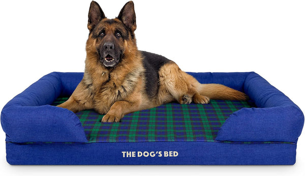 The Dog’S Bed Orthopedic Memory Foam Dog Bed with Bolsters for Large Dogs, High Density Support Mattress, Low Front Entry, Removable Washable Cover, Oxford Fabric, Blue with Dark Red Trim, Large24