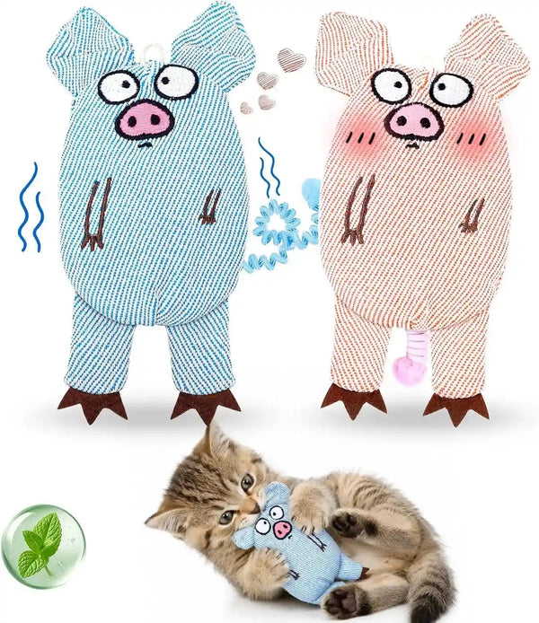 Cat Toys for Indoor Cats, 2 PCS 8000Mg A+Natural Catnip Silvervine Crinkle Interactive Cat Toy Pig with Bell Elastic Tail, Baby-Grade Plush Chew Toy for Teeth Cleaning, Cat Kickers for Boredom1