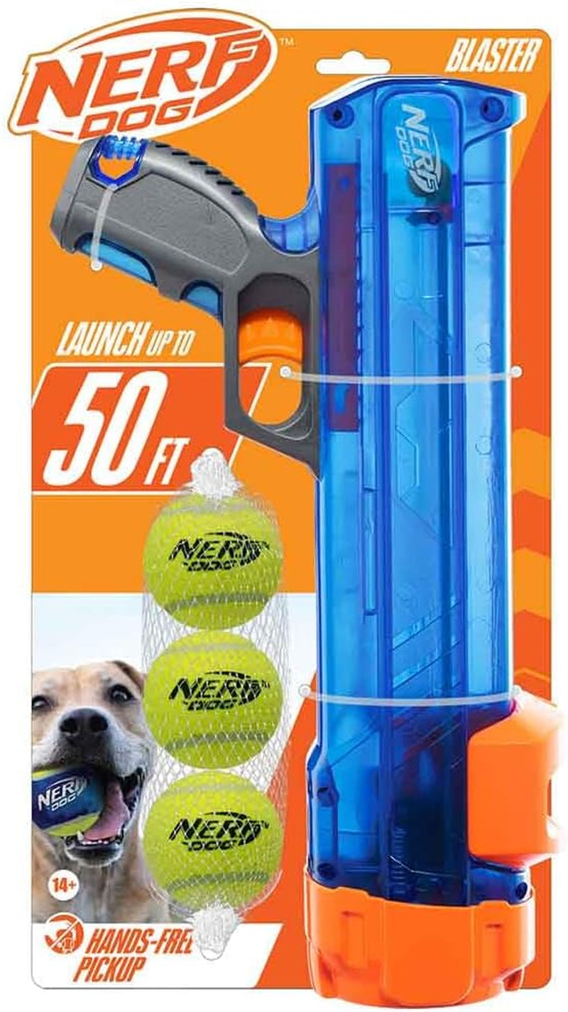 nerf-dog-tennis-ball-blaster-dog-toy-gift-set-tennis-ball-dog-fetch-toy-launches-up-to-50-ft-dog-ball-thrower-for-all-breeds-includes-translucent-blue-tennis-ball-launcher-and-3-dog-tennis-balls