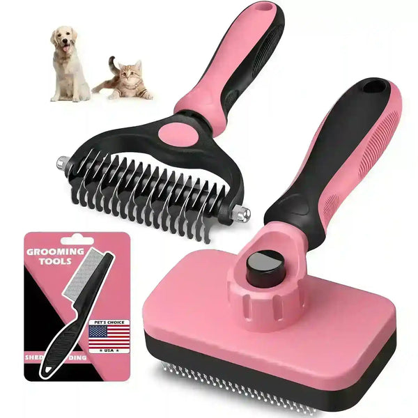 Pink and black pet grooming brushes for dogs and cats, featuring deshedding tools and a self-cleaning slicker brush11