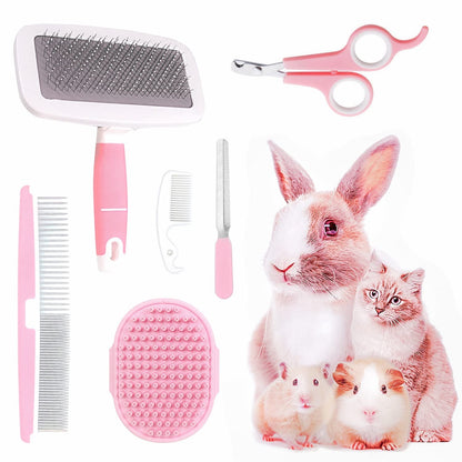 Small Animal Pet Grooming Kit with Pet Shedding Slicker Brush, Bath Massage Glove, Pet Grooming Comb, Nail Clipper Trimmer for Rabbit, Puppy, Kitten, Guinea Pig, Hamster, Ferret (Pink)1