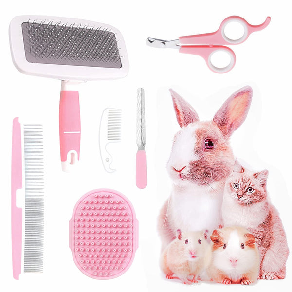 Small Animal Pet Grooming Kit with Pet Shedding Slicker Brush, Bath Massage Glove, Pet Grooming Comb, Nail Clipper Trimmer for Rabbit, Puppy, Kitten, Guinea Pig, Hamster, Ferret (Pink)1