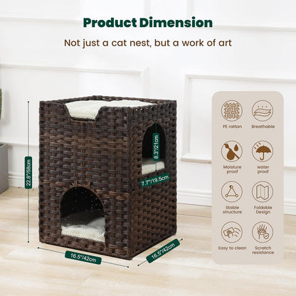 Cat Bed for Indoor Cats, a Stylish Cat Hideaway & Cat House - Handwoven Rattan Cat Cave Bed with Soft Cushion, Foldable Cat Cubes for Indoor Cats, Sturdy Cat Perch & Furniture Coffee Brown6