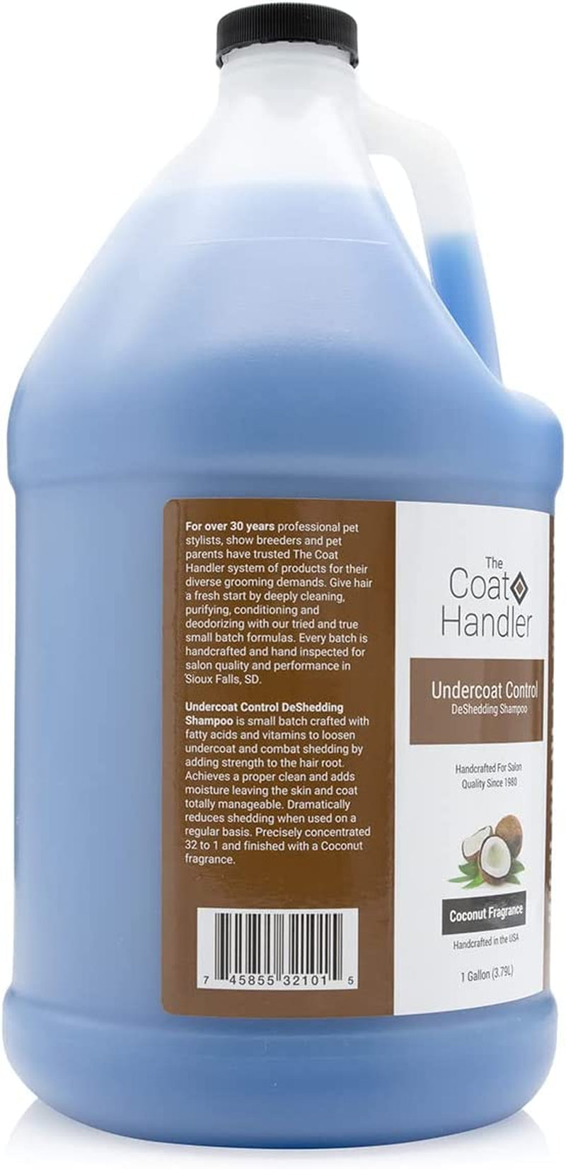 the-coat-handler-deshedding-dog-shampoo-for-shedding-undercoat-1-gallon-32-1-concentrate-coconut-oil-and-omega-3-strengthen-hair-roots-moisturizing-pet-grooming-wash-groomer-grade-usa-made